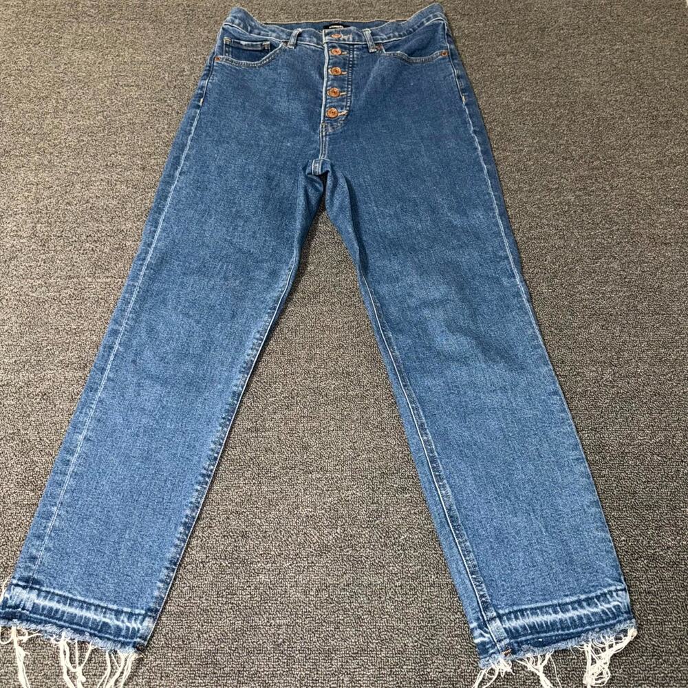 Express Mom Jeans‎ Womens 6R Blue Denim Super High Rise Button Fly Frayed Hem